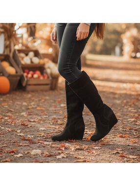 Chocolat Blu Duffy Black Suede Wedge Knee High Boots Size 9.5 US 40 EU Tall